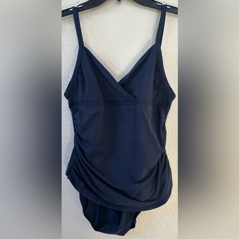 LAUREN Ralph Lauren 1 Piece Swimsuit SZ 10 Navy Blue Ruched Slimming Cross Front
